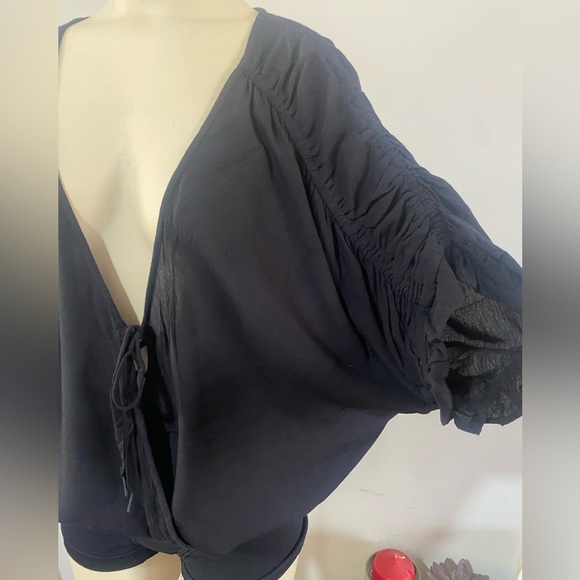 NWT .. Free People Black Tie Front Ruched Bodysuit - Picture 6 of 16